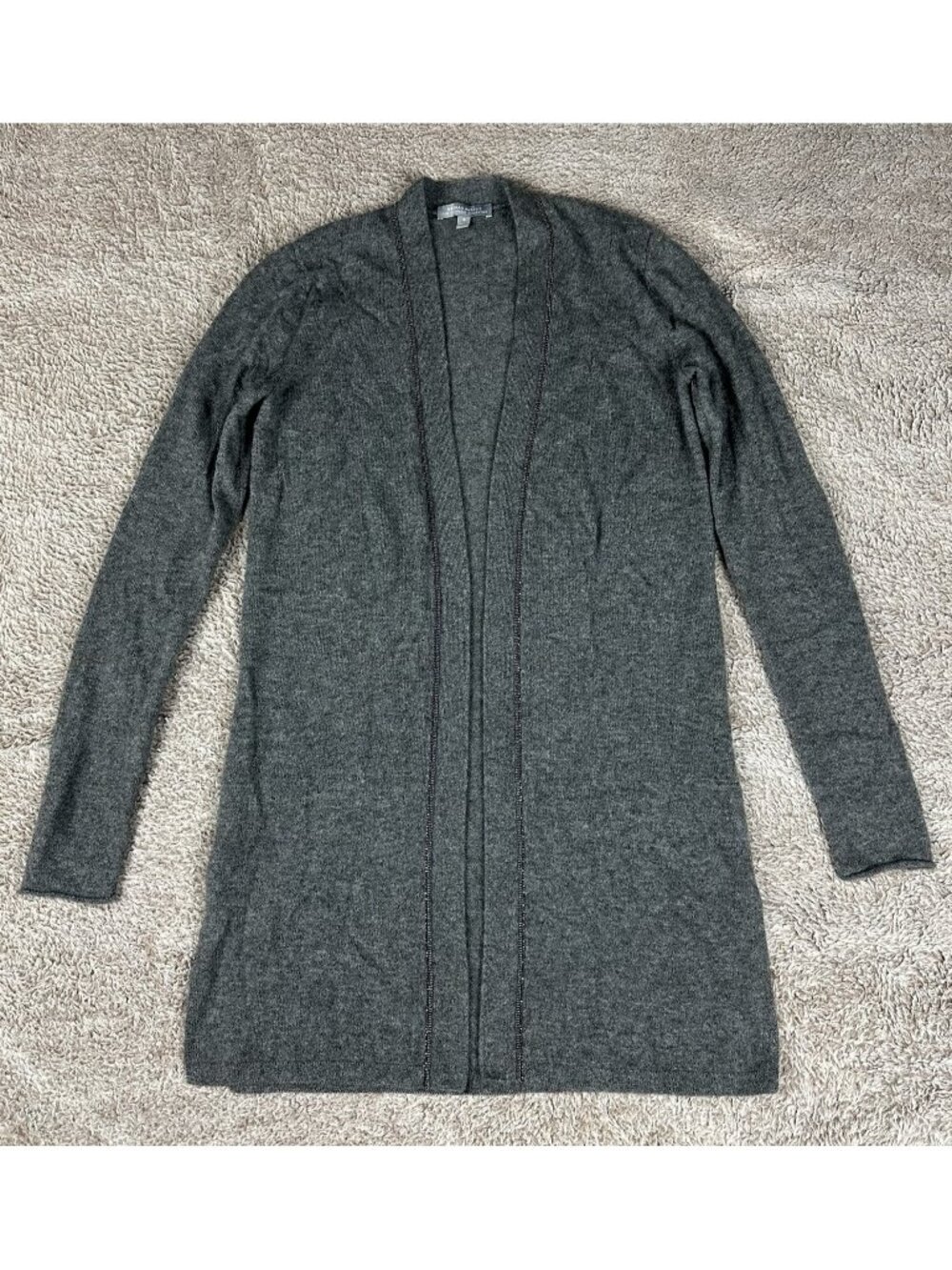 Neiman Marcus Cashmere Cardigan Small Grey Beaded Trim Open Front Long Sweater - Picture 2 of 11